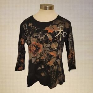 Y2K Jess and Jane Women's Medium Floral Oriental Print Stretch Cotton Top 3/4 Sl